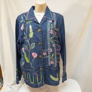 VTG New Directions Embroidered Denim Jacket Floral Jean Coat Glam Boho Y2K Sz M